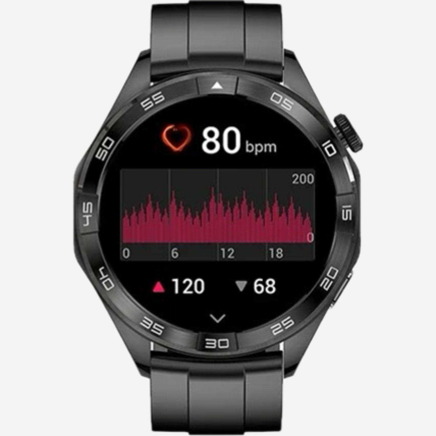 Black metal case men's smartwatch with large HD screen showing heart rate monitor, TUTT