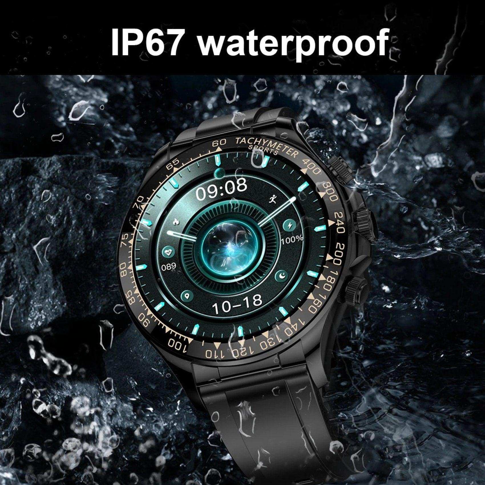 IP67 waterproof rugged military smart watch with large HD screen, black metal case, water splashes. TUTT