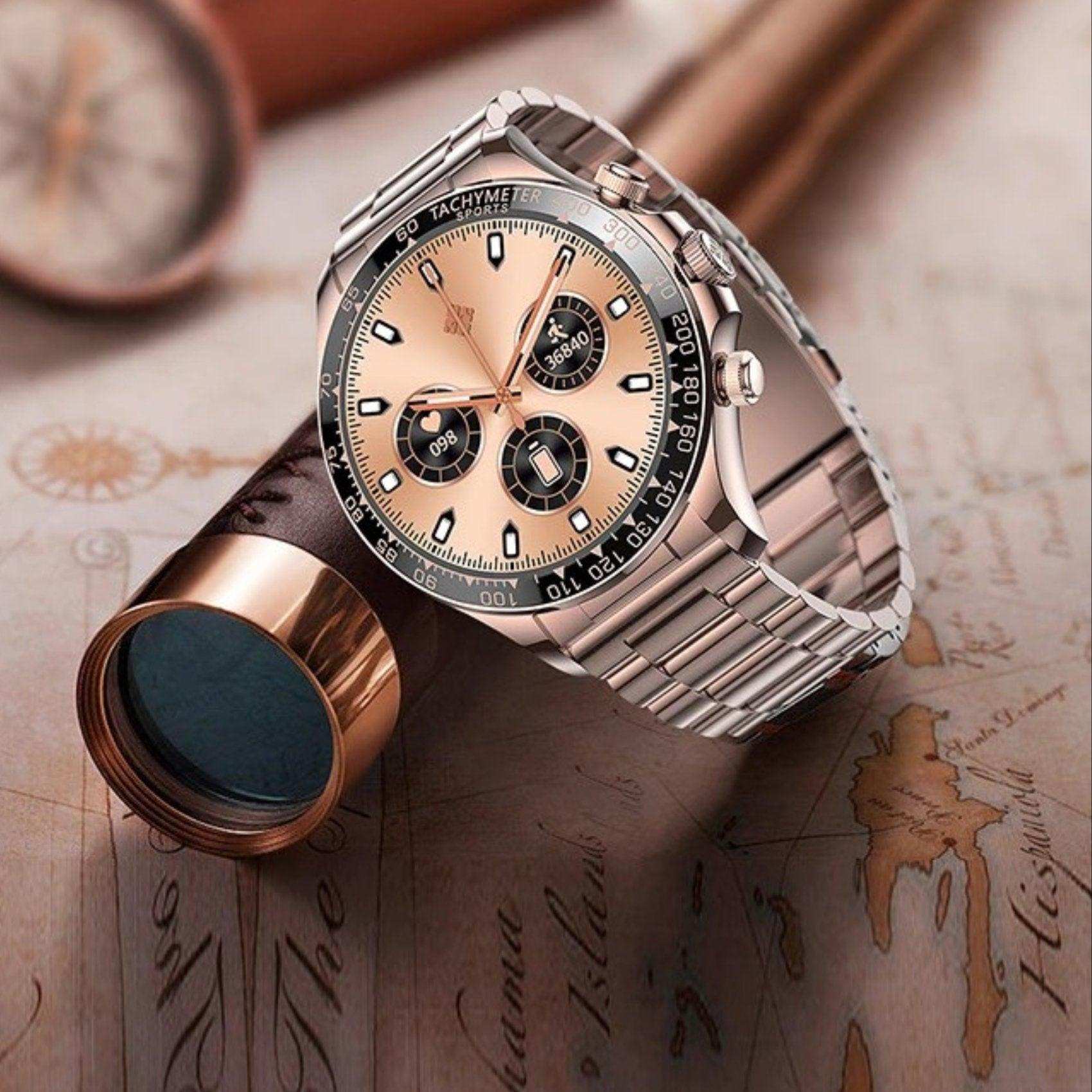 Silver metal rugged smartwatch with large HD screen on antique map background, TUTT