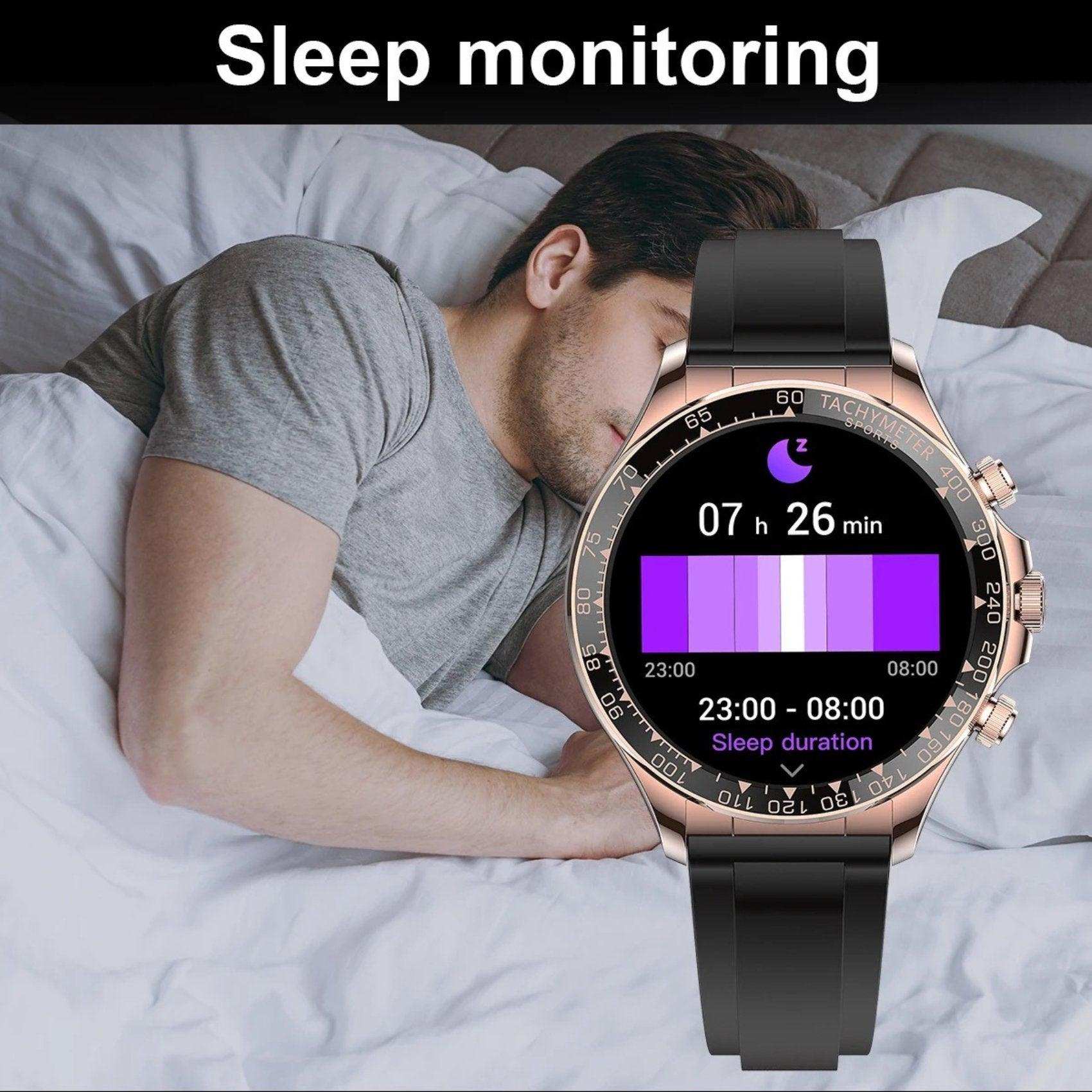 Rugged military smart watch sleep monitoring display over a man sleeping in bed, TUTT
