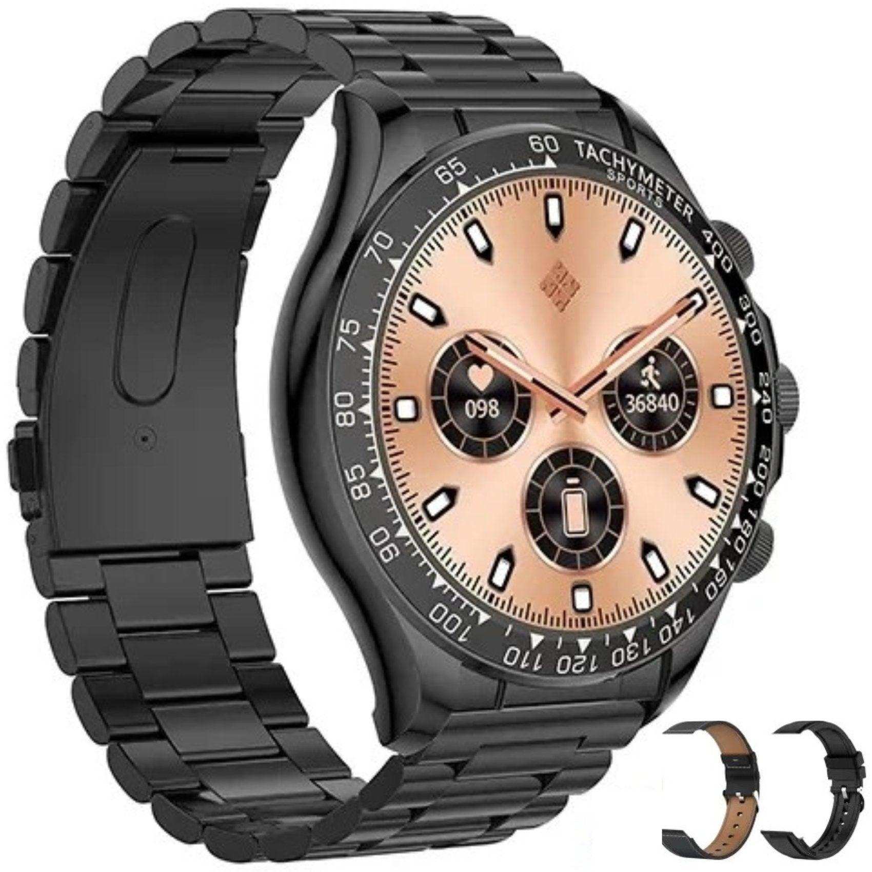 Black metal rugged military smartwatch with large gold display, tachymeter bezel, extra straps, TUTT