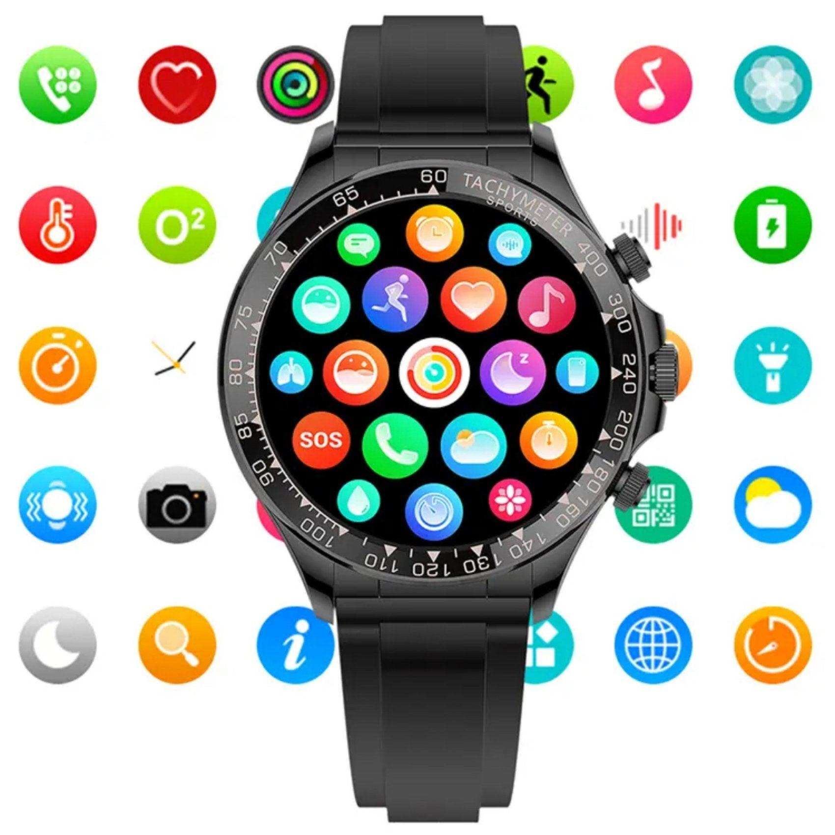Black rugged military smart watch men TUTT-X108 with large HD touchscreen, colorful app icons, and black band, surrounded by fitness and utility icons. TUTT