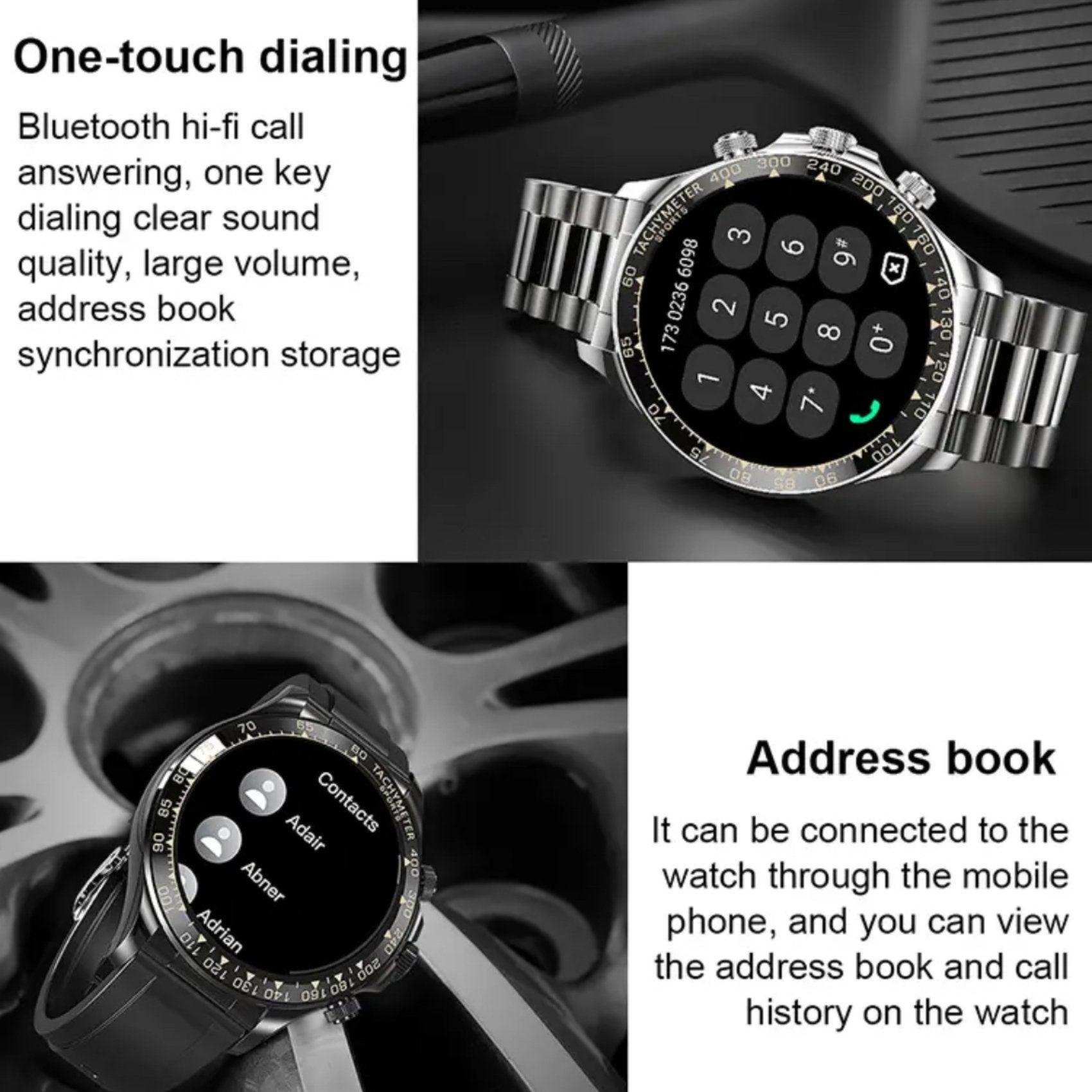 Rugged military smart watch for men with metal strap, large HD screen, dial and contacts display TUTT