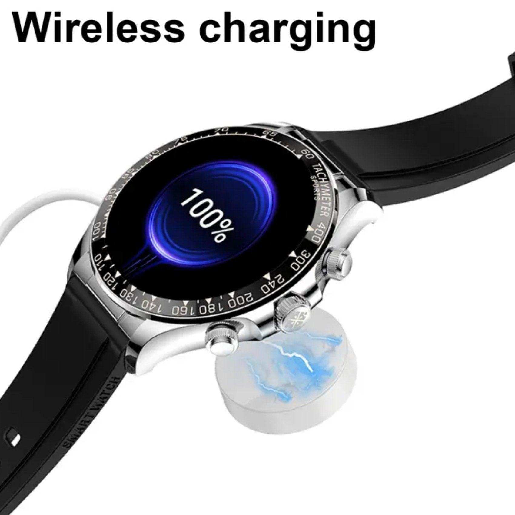 Rugged metal case military smartwatch with HD screen, wireless charging, black strap, TUTT