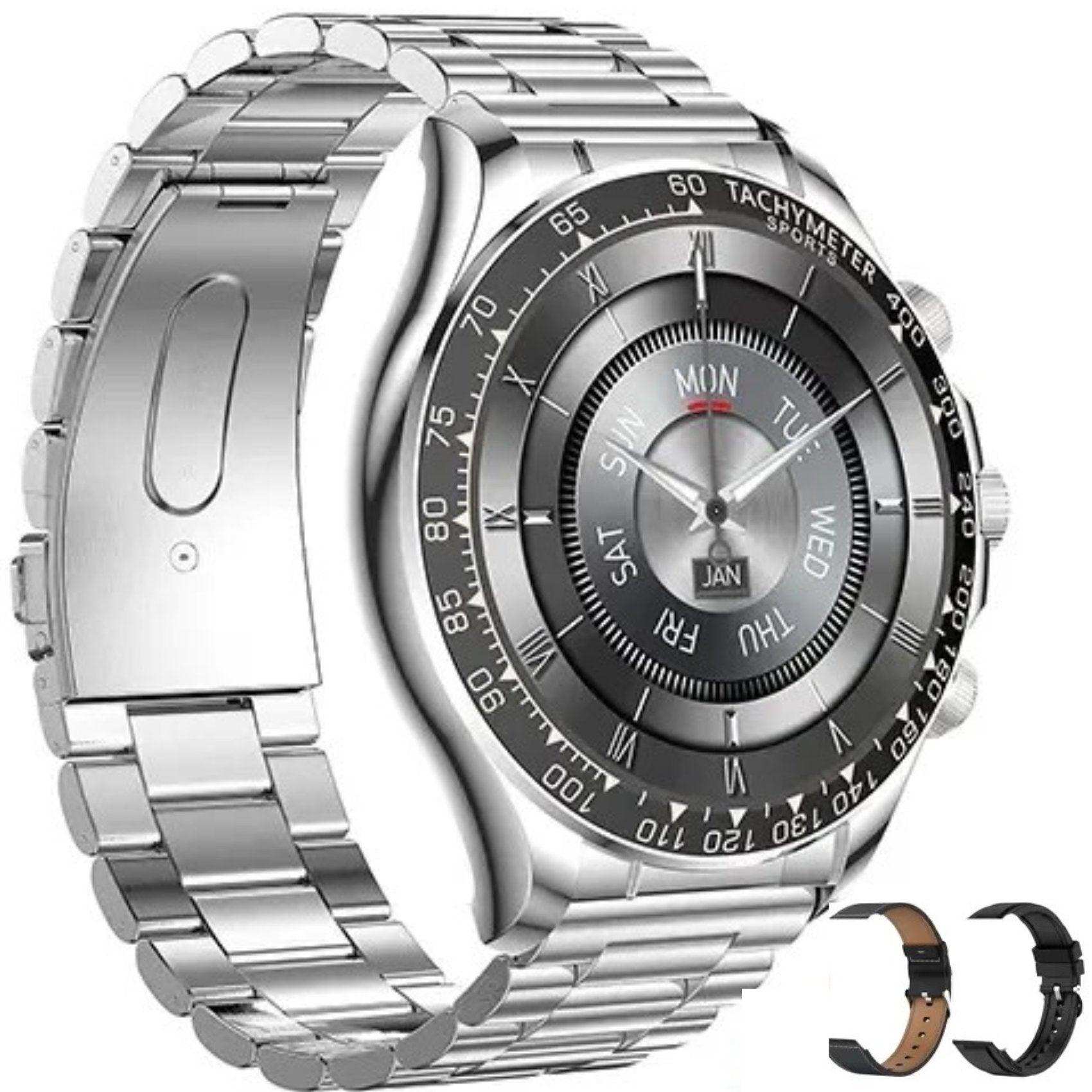 Rugged metal case military smartwatch for men with silver band, tachymeter, extra straps. TUTT
