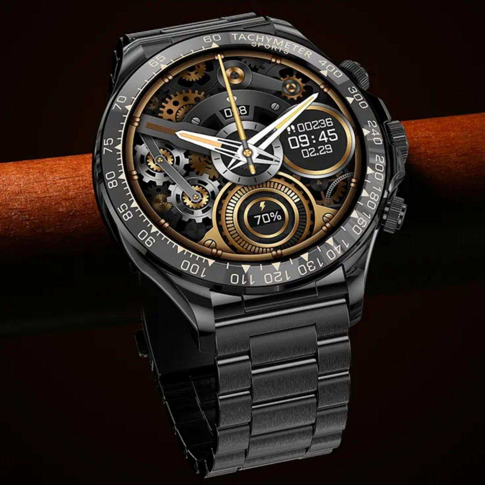 Rugged metal smart watch for men with large HD screen, black strap, and exposed gold gears. TUTT