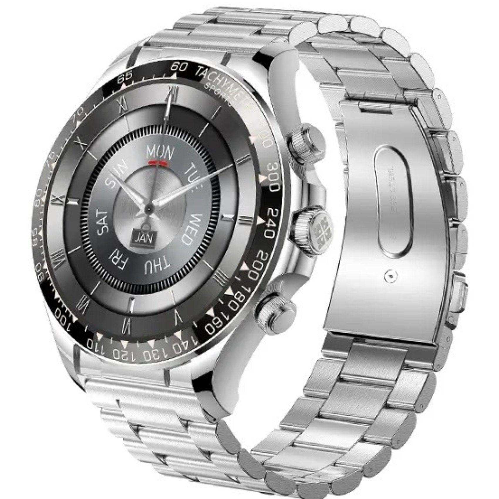 Silver metal rugged military smartwatch for men with large HD round screen, tachymeter bezel TUTT