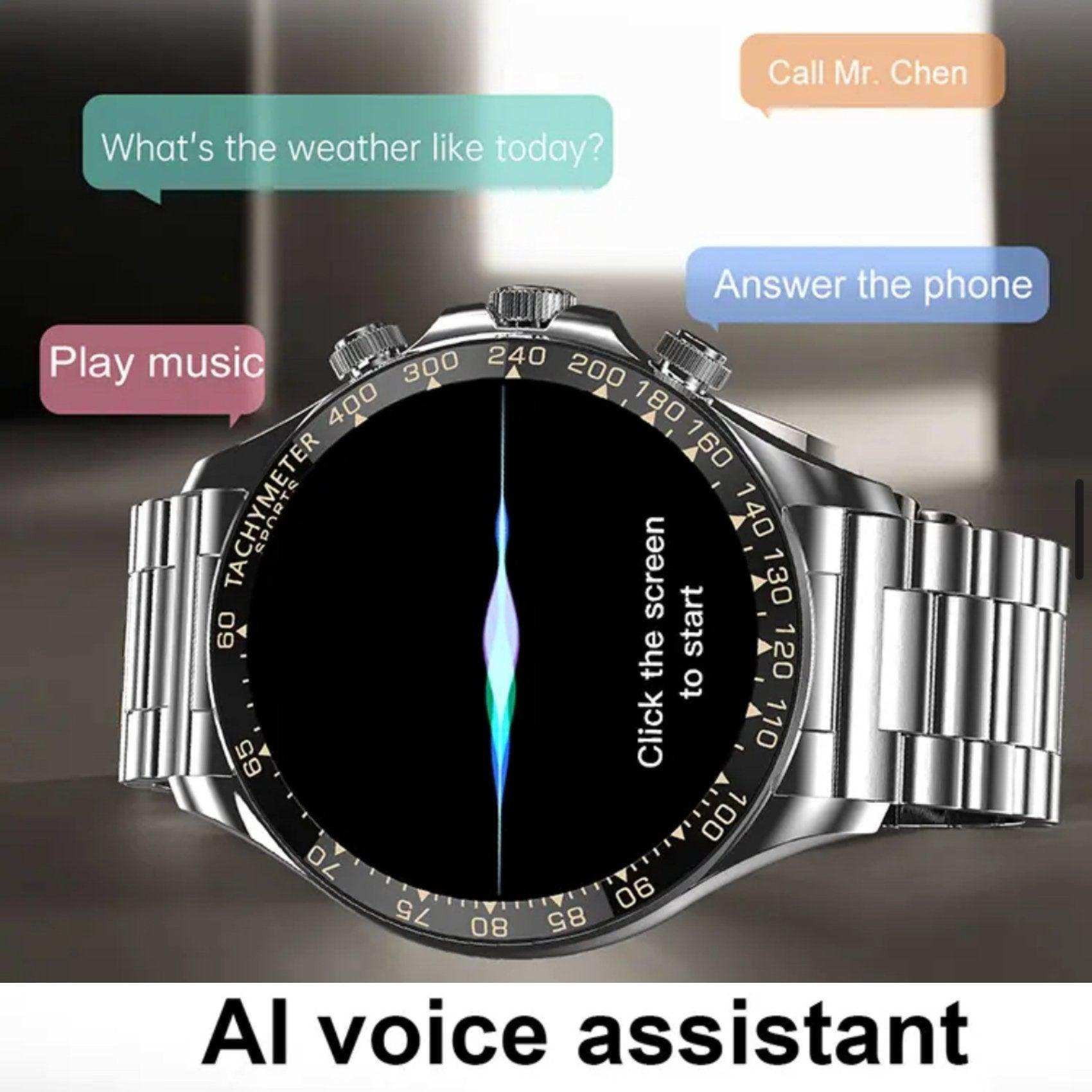 Rugged metal smart watch for men with large HD screen, AI voice assistant, silver band, TUTT