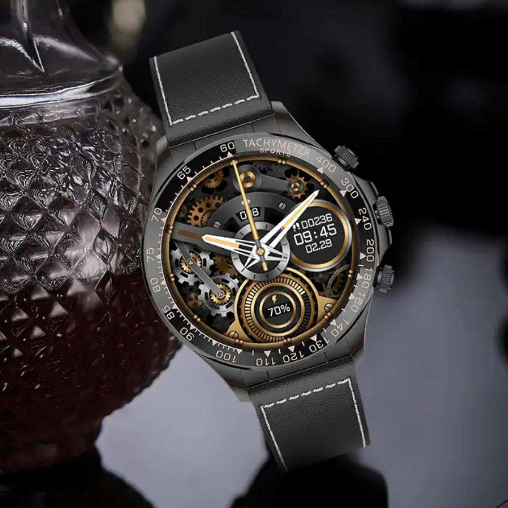 Rugged black metal smartwatch with exposed gears, tachymeter bezel, leather strap, TUTT