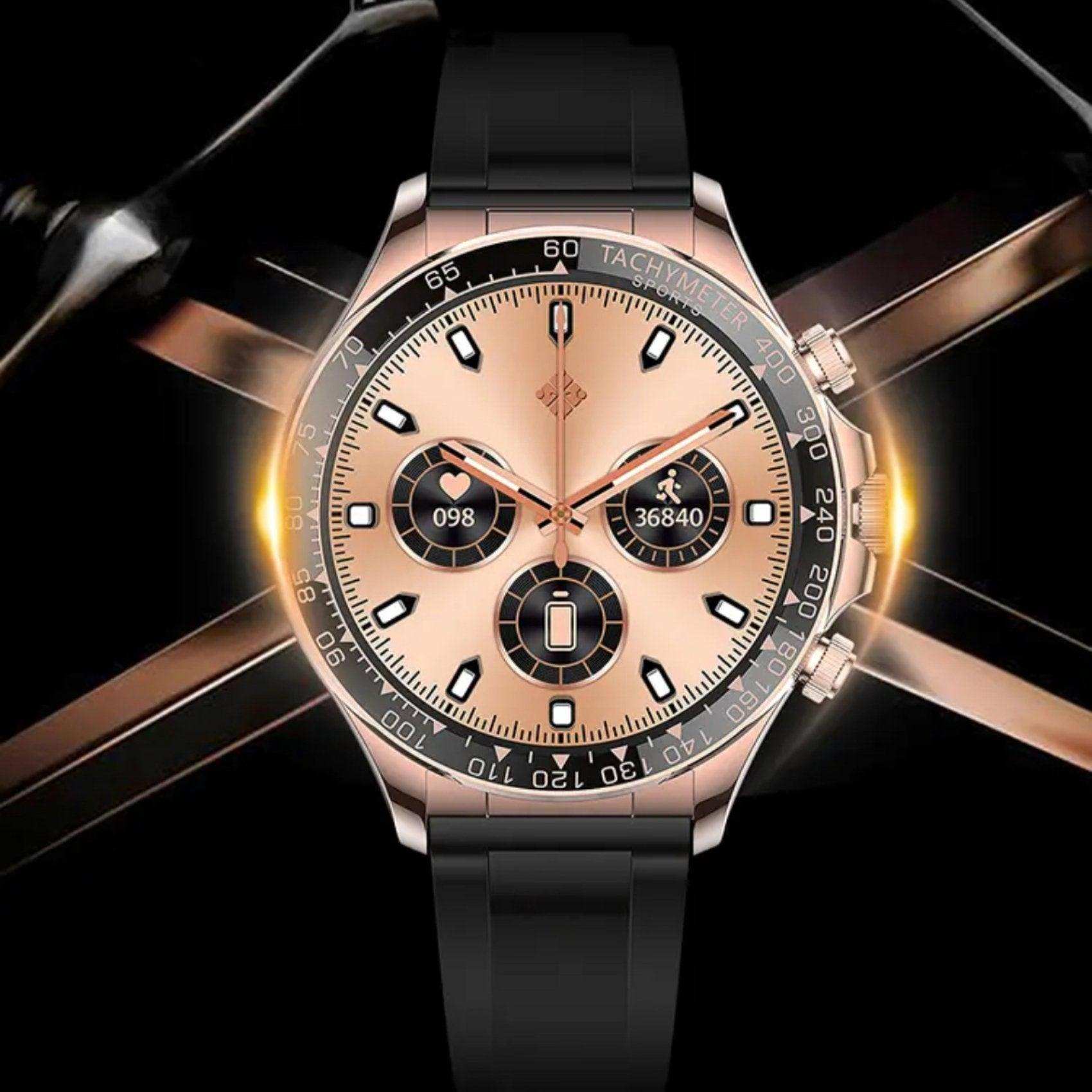 TUTT X108 metal case rugged military smartwatch for men with large HD display and black strap, showing multiple digital dials, on a dark background. TUTT