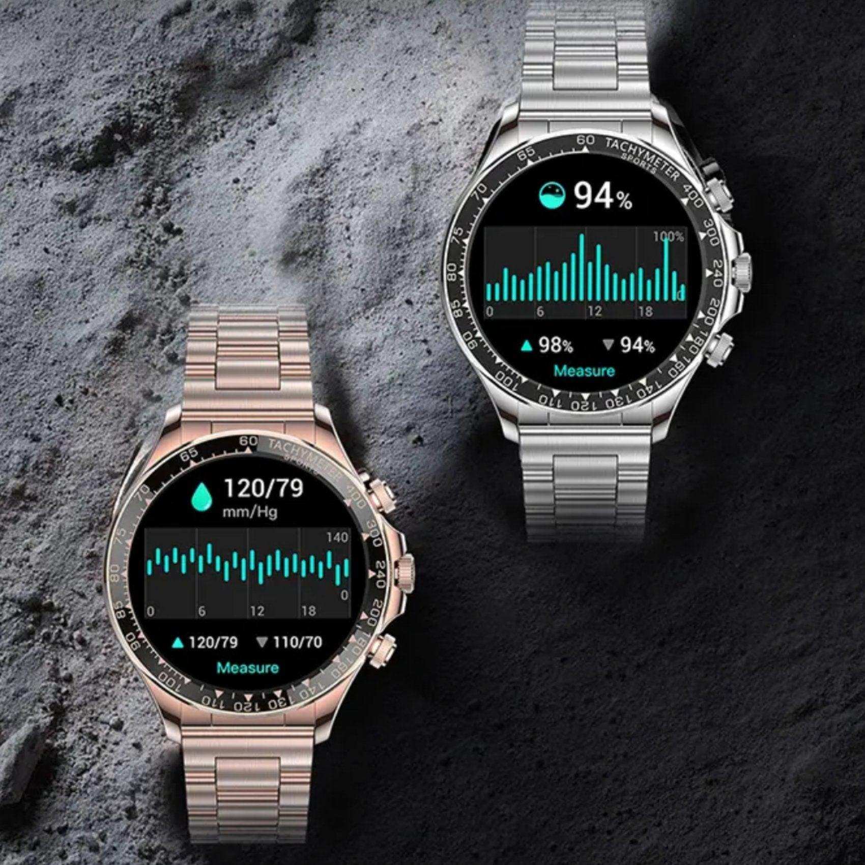 Two rugged metal smartwatches for men with health tracking screens on a stone surface, TUTT