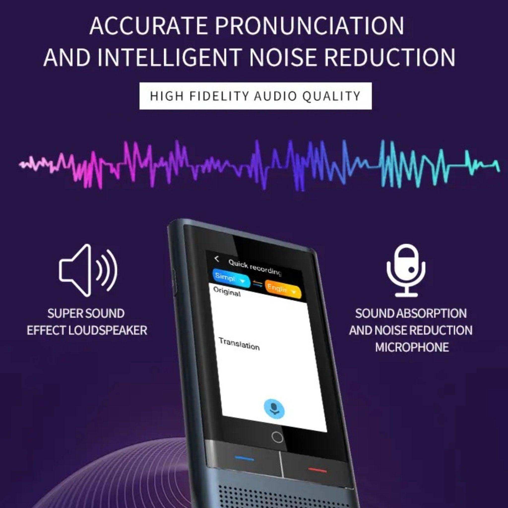 AI voice translator device with screen, loudspeaker, and noise reduction microphone on purple background, TUTT