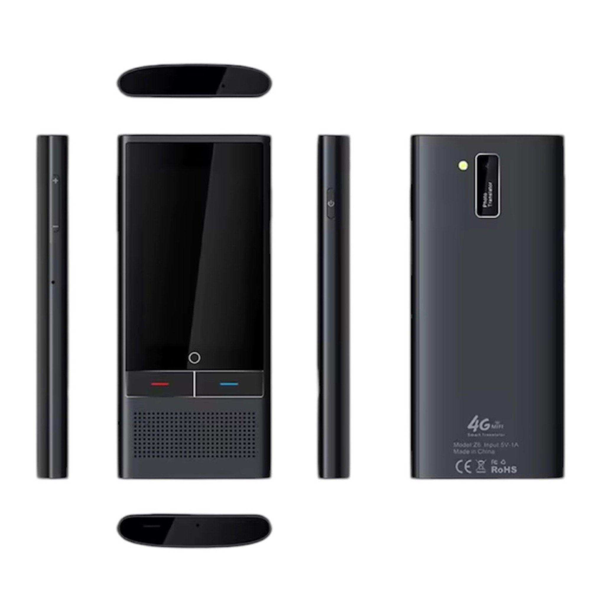 TUTT Z6 4G AI voice translator device shown from multiple angles, black with buttons and screen, compact design, product photography TUTT
