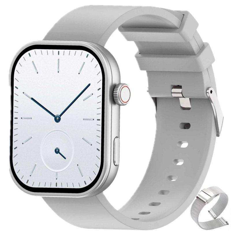 Silver rectangular fashion smartwatch with white silicone strap and digital clock face TUTT