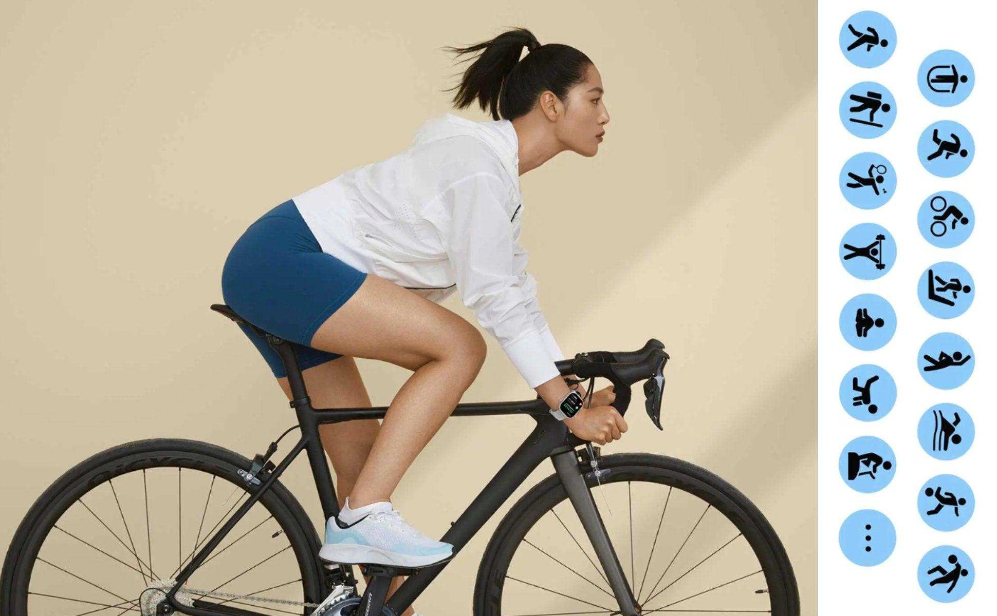 Woman cycling indoors wearing a fashion smartwatch, sport icons displayed. TUTT