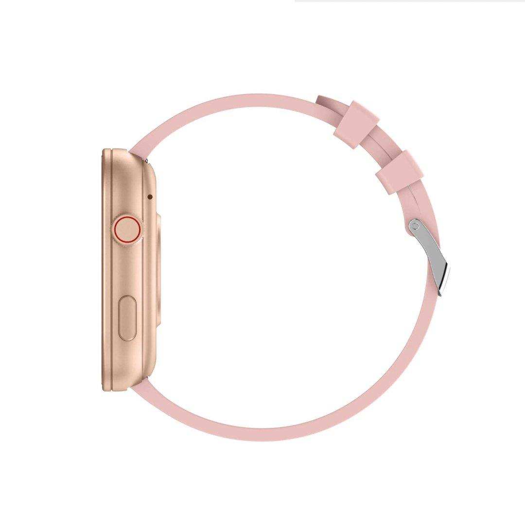 Side view of rose gold fashion smartwatch with pink rubber band and button, TUTT