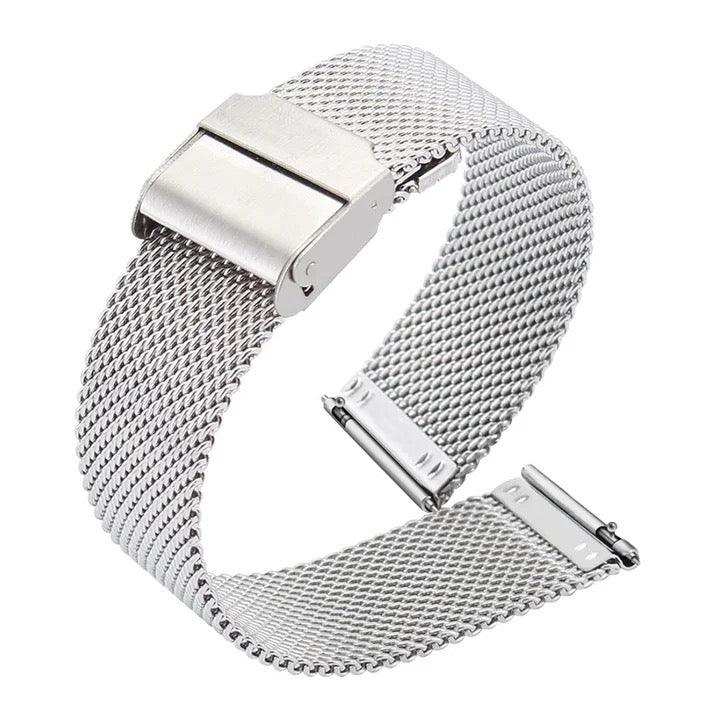 Silver stainless steel mesh smartwatch band with clasp, displayed on white background TUTT