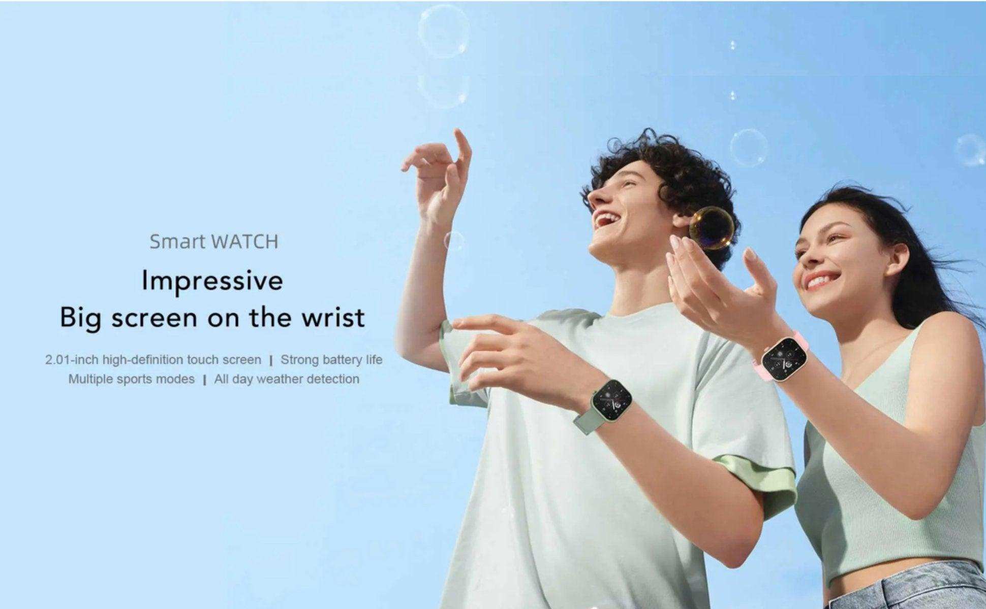 Man and woman outdoors wearing fashion smartwatches with big screens against blue sky, TUTT