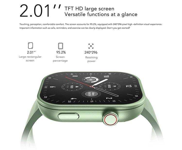 TUTT ZL8 fashion smartwatch with 2.01-inch HD rectangular display, green case, and analog watch face TUTT