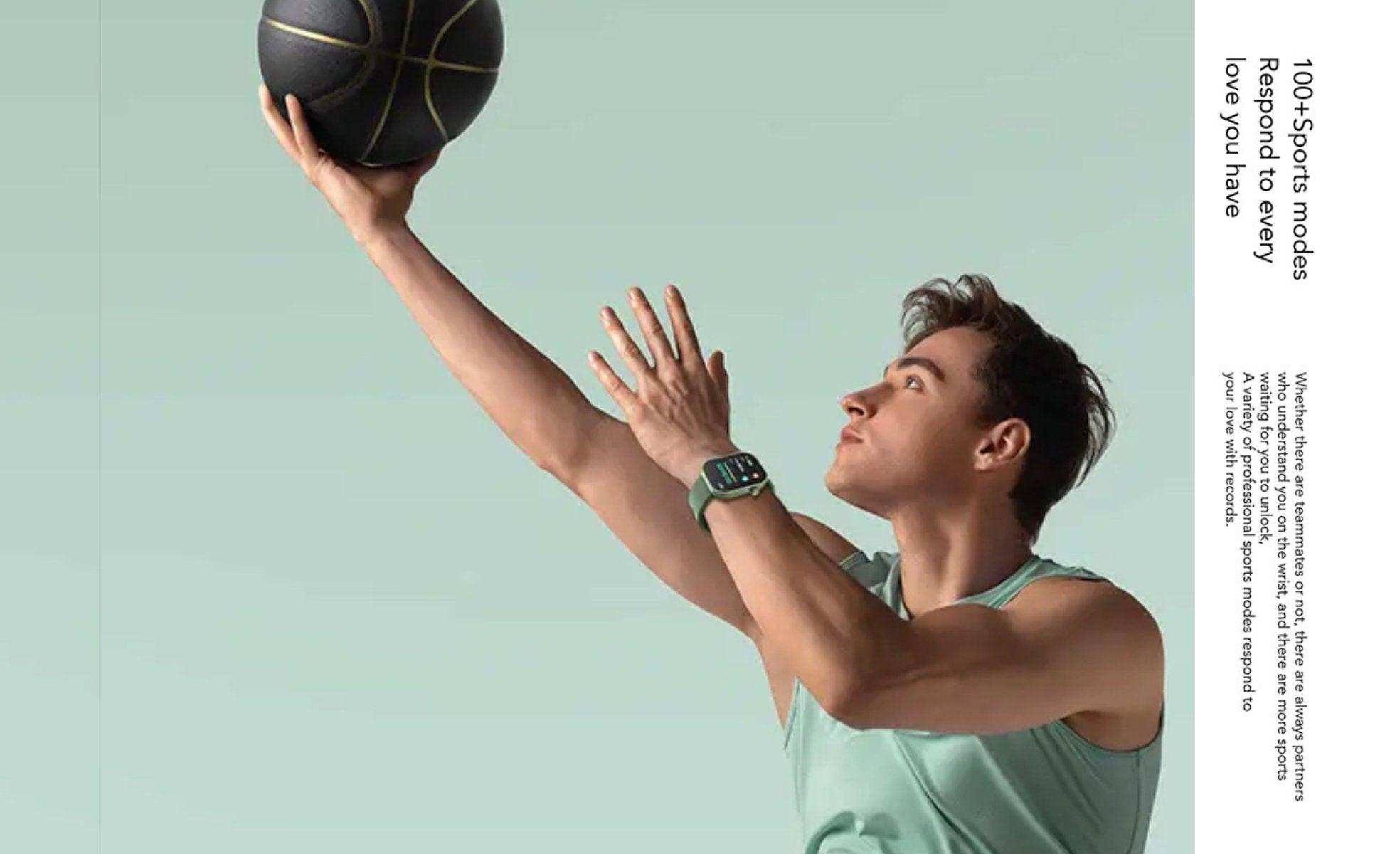 Man playing basketball wearing a green strap fashion smartwatch, fitness tracker display, TUTT