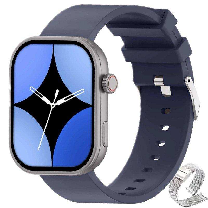 Modern smartwatch with square blue display, black rubber strap, and extra silver band TUTT