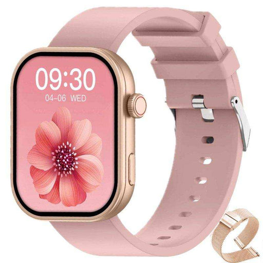 Pink fashion smartwatch with flower display, rubber strap, gold case, and extra band TUTT