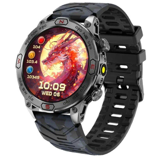Rugged outdoor AMOLED smart watch with black band and dragon display, compass bezel. TUTT